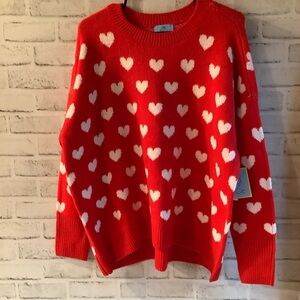 CeCe Red With All Over White Hearts Crew Neck Sweater